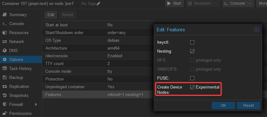 Enabling the Create Device Nodes feature in Proxmox